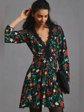 Anthropologie Lacy V-neck Black Floral Lace-Trim mini dress